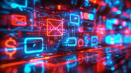 Obraz premium A vibrant wall of neon icons and a laptop computer bathed in their glow, representing the dynamic and interconnected digital realm.