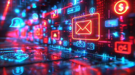 Fototapeta premium A vibrant neon envelope icon illuminates a digital wall, symbolizing communication and connection in the digital age.