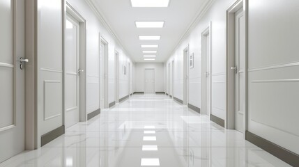 Modern white hallway with closed doors and bright lighting. Concept of architecture, interior design, minimalism, corridor