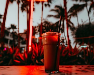 Tropical vibes pina colada on bar counter with neon signs and palm trees, embracing warm summer