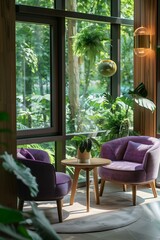 Fototapeta premium cozy lounge area with two plush purple chairs, a small round table, and a large window with a view of greenery