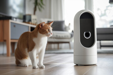 Orange and white cat is looking at a smart home device, likely a pet camera or an air purifier, in a modern living room. The cat's curiosity is piqued by the unfamiliar object
