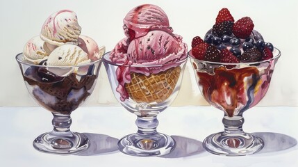 Three glass bowls with different flavors of ice cream. Left bowl has vanilla and chocolate, middle bowl has strawberry and nuts, right bowl has berries and cream.