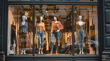 Naklejka premium Trendy Clothing Store Window Display with Styled Mannequins and Outfits