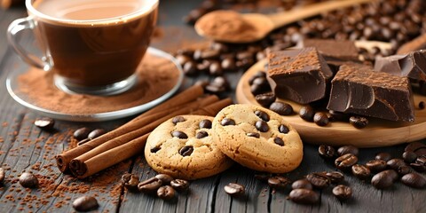 Fototapeta premium Delicious close-up of hot chocolate, coffee beans, and cookies on a wooden table. Concept Food Photography, Coffee Enthusiast, Close-up Shots, Coffee and Treats, Rustic Table Setting