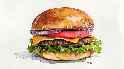 A delicious cheeseburger with lettuce, tomato, and onion on a toasted sesame seed bun.