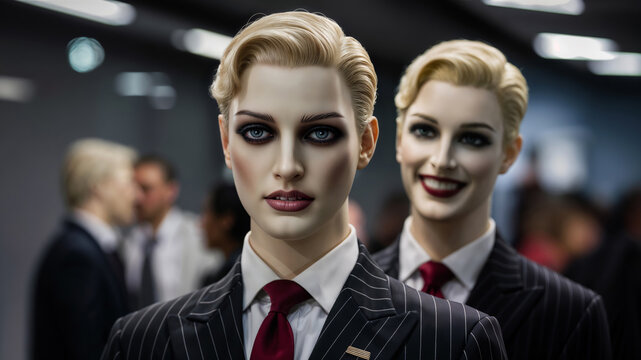 a Male mannequin with unsettling feeling of an imposter having ill-intentioned sinister behavior amongst the crowd of people at the end of year corporate office party.