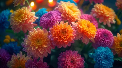 Elegant display of assorted colorful flowers and candles embellishing the kitchen table