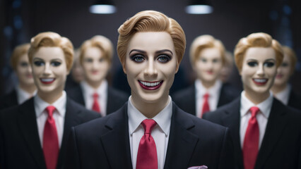 Blonde male mannequin corporate employees in office hallway all dressed in the same indistinguishable suit and red tie with plastic personalities and fake smiles.