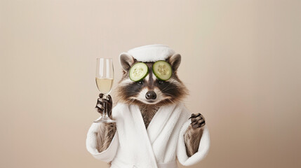 A raccoon dressed in a white terry robe is drinking champagne and relaxing at a spa. The concept of relaxation and self-care for women. Shot in a studio against a beige background.