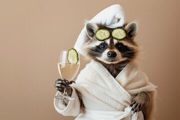 A raccoon dressed in a white terry robe is drinking champagne and relaxing at a spa. The concept of relaxation and self-care for women. Shot in a studio against a beige background.
