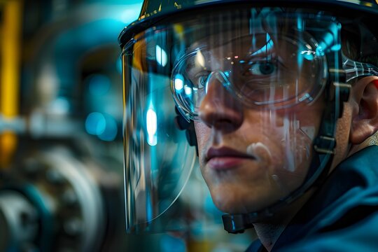 Close up View of Technician s Face Shield Reflecting Delicate Device Being Inspected