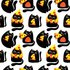 WebPizza slice, black cats eating pizza seamless pattern on white