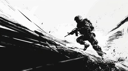 Soldier in motion with abstract ink splashes