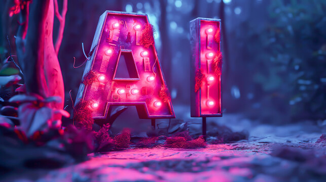 AI everywhere: letters AI as bold, glowing retro sign with bulb lights in a forest, symbolizing rapid technological advancement, and wide use of artificial intelligence