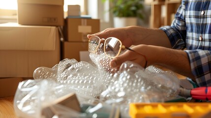 Individual carefully wrapping fragile glassware in bubble wrap during apartment move