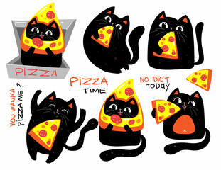 WebSet of cute black cats with pizza, character having food, perfect stickers, badges and other