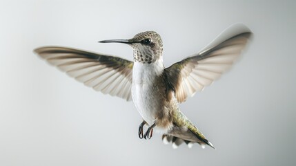 Fototapeta premium Hummingbird in flight with wings spread wide, captured against a light background, highlighting its delicate features and graceful motion.