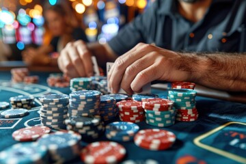 Naklejka premium Man at casino table with chips in focus
