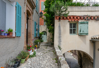 View of Biot village, a small, medieval, fortified historic village, located on a hilltop in the Provence-Alpes-Cote d'Azur, near the town of Antibes, between the cities of Nice and Cannes, France