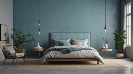 Modern Blue Living Room Interior Design. Interior of light living room with Blue sofa, coffee table