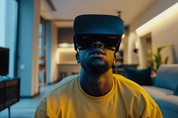 Young man is captivated by the wonders of virtual reality, wearing a vr headset in his modern apartment, his face illuminated by the glow of the digital world