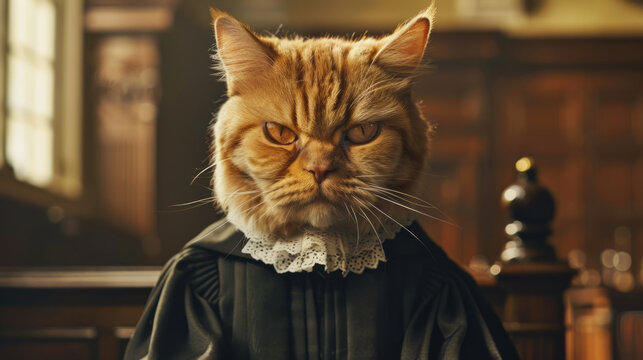 Serious cat judge in courtroom setting. Stern-looking ginger cat dressed as a judge, complete with robes and lace collar, sitting in a courtroom. Perfect for legal, pet, and humor themes.