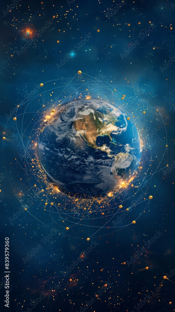 Poster planet earth surrounded by glowing network lines in a star-filled universe. concept of global connec