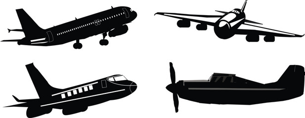 Print Print Black airplane icon collection. Set of black plane silhouette icon airplane take-off, black silhouette Plane icon set. Airplane icon vector. transport .  illustration Airplane silhoutt