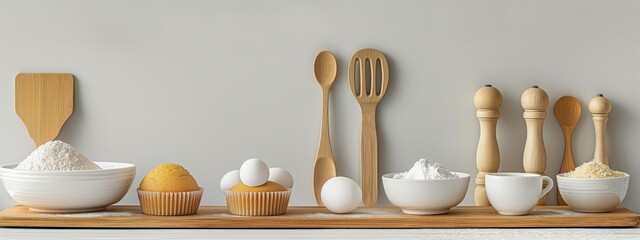 Wooden kitchen utensils and ingredients including flour, eggs, and spices, neatly arranged on a wooden shelf against a grey background, creating a minimalist kitchen scene.