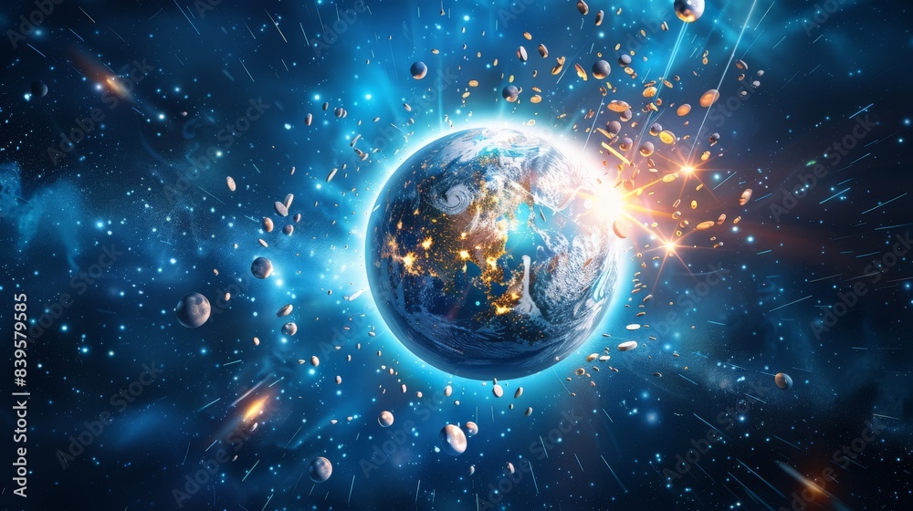 Poster Planet Earth with glowing light effects and scattered debris in outer space. Representation of cosmic events and celestial phenomena. Perfect for themes on space exploration and cosmic dynamics