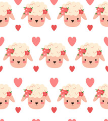 Cute baby lamb with flowers . Seamless pattern.