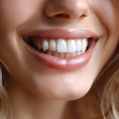 Fototapeta premium Healthy shiny white teeth in a smiling female mouth.