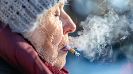 Elderly woman smoking a cigarette outdoors on a chilly day