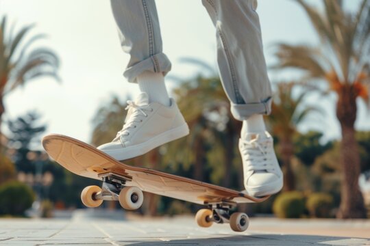 Skateboard tricks at a sunny urban park