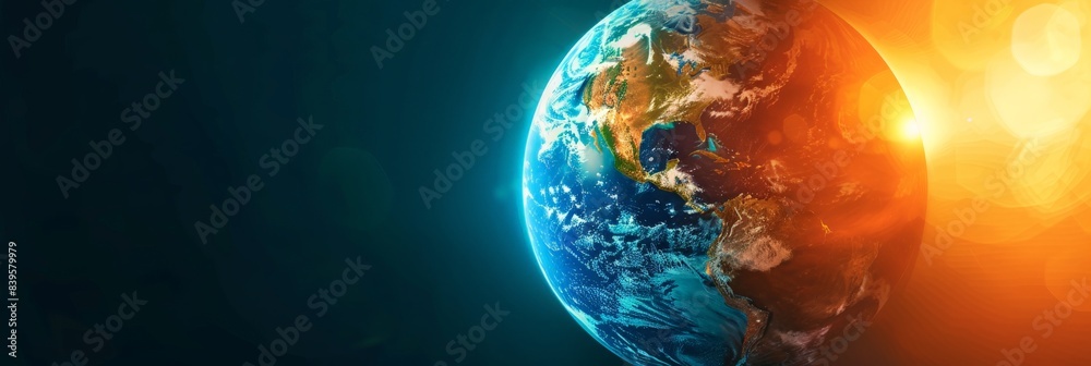 Poster planet earth partially lit by sunlight in outer space. concept of day and night cycles and global il