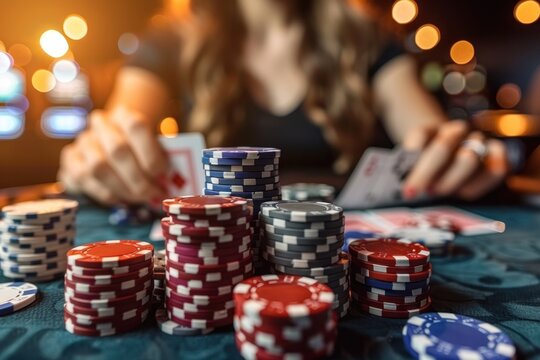 Blurred woman reaching for poker chips