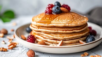 Stack of Fresh Pancakes Topped with Honey and Mixed Berries