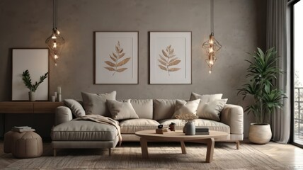 Fototapeta premium Modern Scandinavian home interior design characterized by an elegant living room featuring a comfortable sofa, mid century furniture, aesthetic carpet, wooden floor, color walls, and home plants