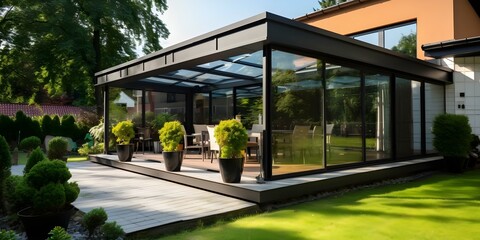 Obraz premium Contemporary aluminum veranda extension view for a house modern and stylish. Concept Aluminum Veranda Extension, Modern House Architecture, Stylish Contemporary Design