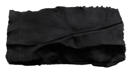 A piece of torn black satin fabric on a white background. Isolate a crumpled piece of fabric