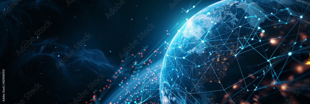 Poster Planet Earth with a network of glowing blue lines in outer space. Concept of digital connectivity and technological advancements. Suitable for topics on global networks and space technology