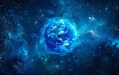 Obraz premium Earth from space, surrounded by a glowing energy field, against a backdrop of stars and nebulae.