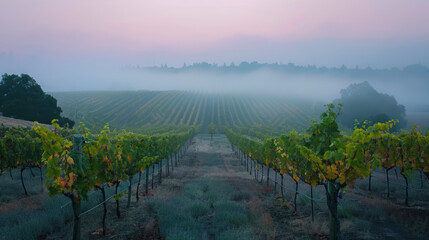 Naklejka premium Serene Morning Fog Vineyard Rows, Harvest time, a stage in the wine-making process, les vendanges, grape harvesting, a seasonal job.