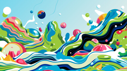 Vibrant Abstract Landscape with Rolling Hills and Whimsical Sky