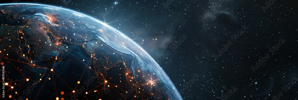 Poster Eastern hemisphere of Earth highlighted with glowing networks in space. Concept of global communication and technological infrastructure. Perfect for technological and geographical themes