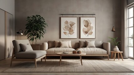 Modern Scandinavian home interior design characterized by an elegant living room featuring a comfortable sofa, mid century furniture, aesthetic carpet, wooden floor, color walls, and home plants