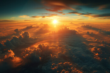 Panoramic view from an airplane on a beautiful saturated sunset above the clouds in orange shades