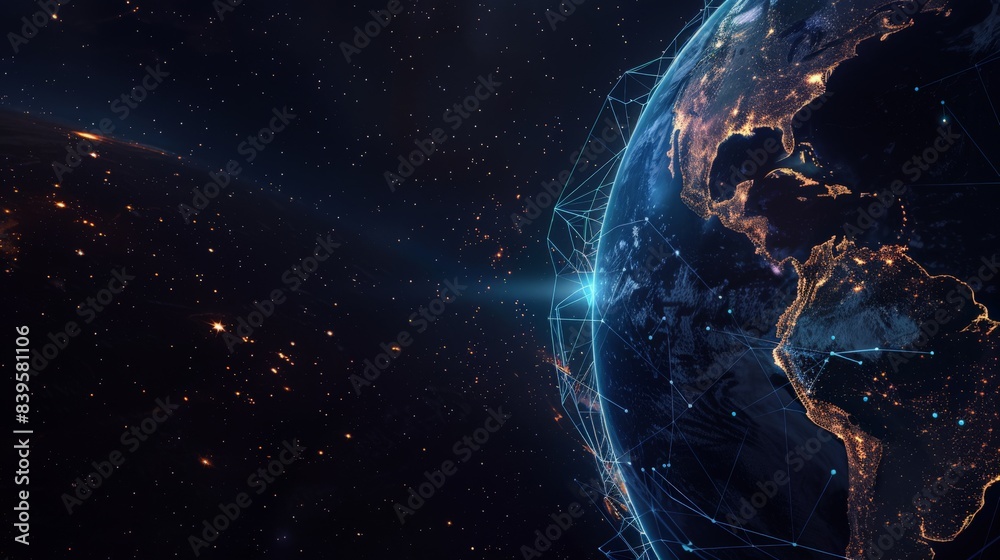 Poster Digital representation of Earth with glowing blue network lines in outer space. Concept of global communication and digital infrastructure. Ideal for themes on connectivity and space technology