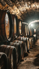 Wine Barrels in Dimly-Lit Cellar, Harvest time, a stage in the wine-making process, les vendanges, grape harvesting, a seasonal job.